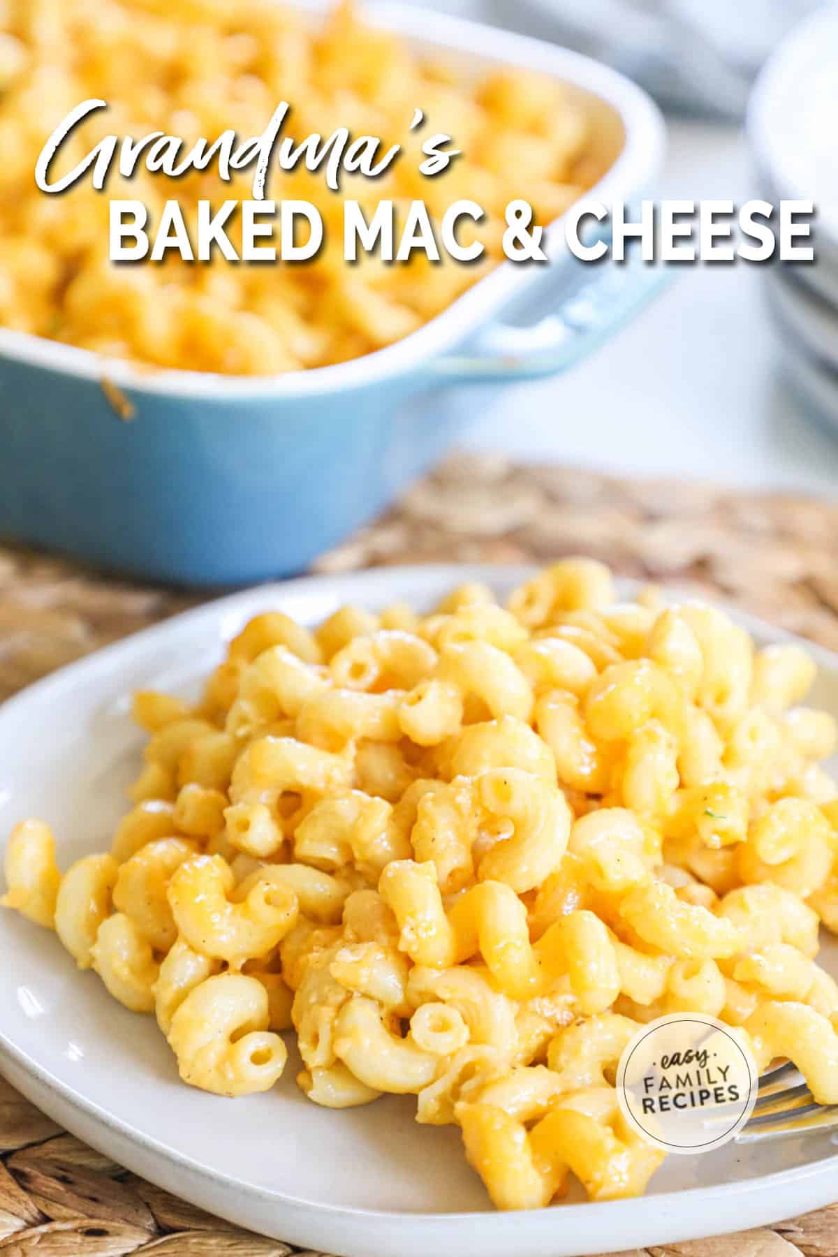 Mac and cheese on a plate next to a casserole dish of mac and cheese.