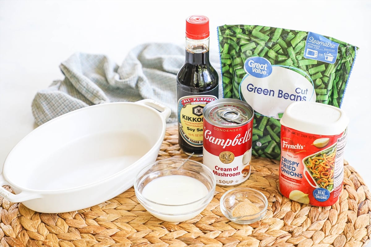 Ingredients for Green Bean Casserole - Cream of mushroom soup, soy sauce, French fried onions, beans