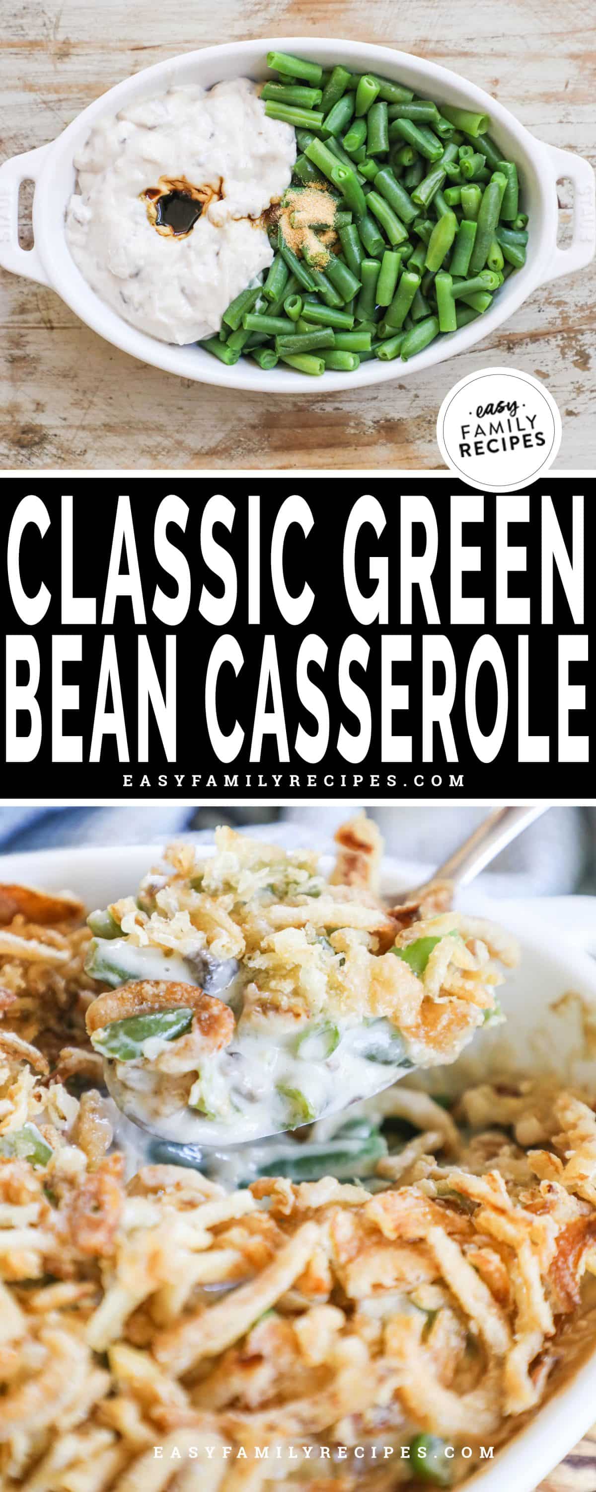 green bean casserole being mixed in a casserole dish, then served after baking.