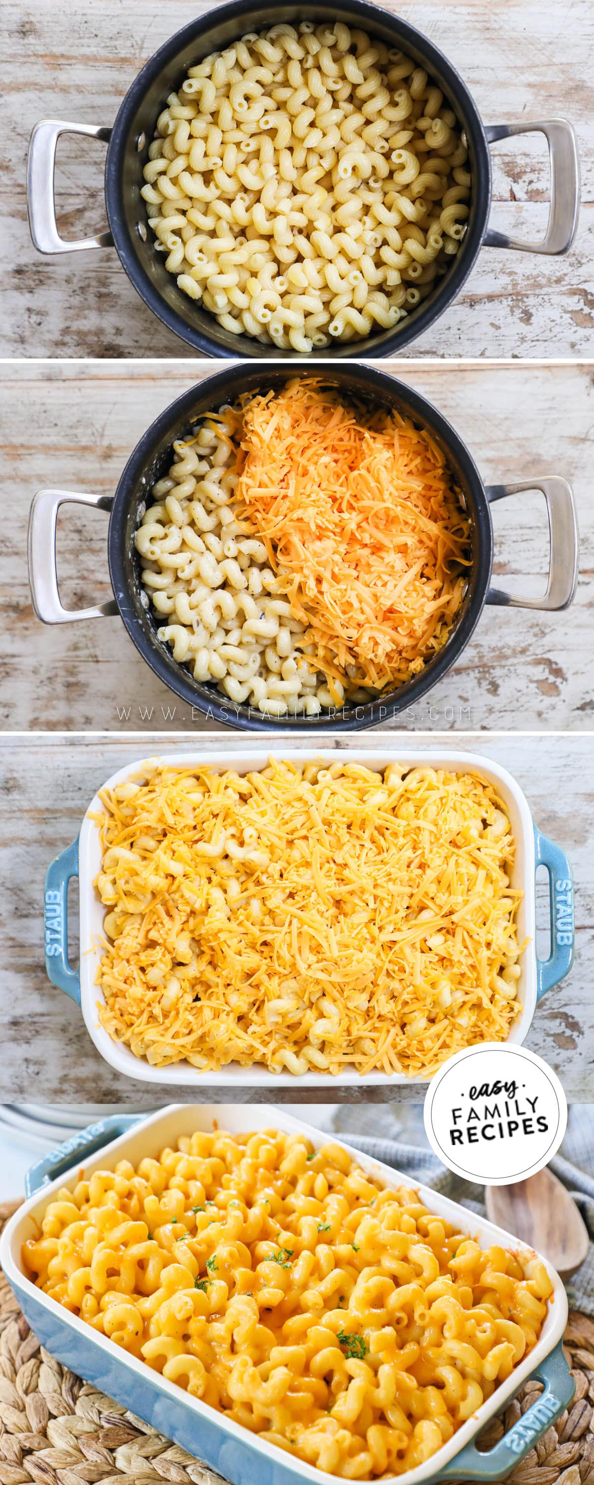 Steps to make baked mac and cheese step 1 make the pasta, step 2 add all other ingredients to the hot, drained pasta and mix, step 3 transfer to a baking dish and bake, step 4 enjoy.