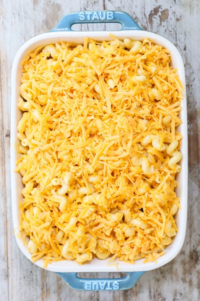 How to make Baked Mac and Cheese Step 3: transfer to a baking dish and cover with cheese.