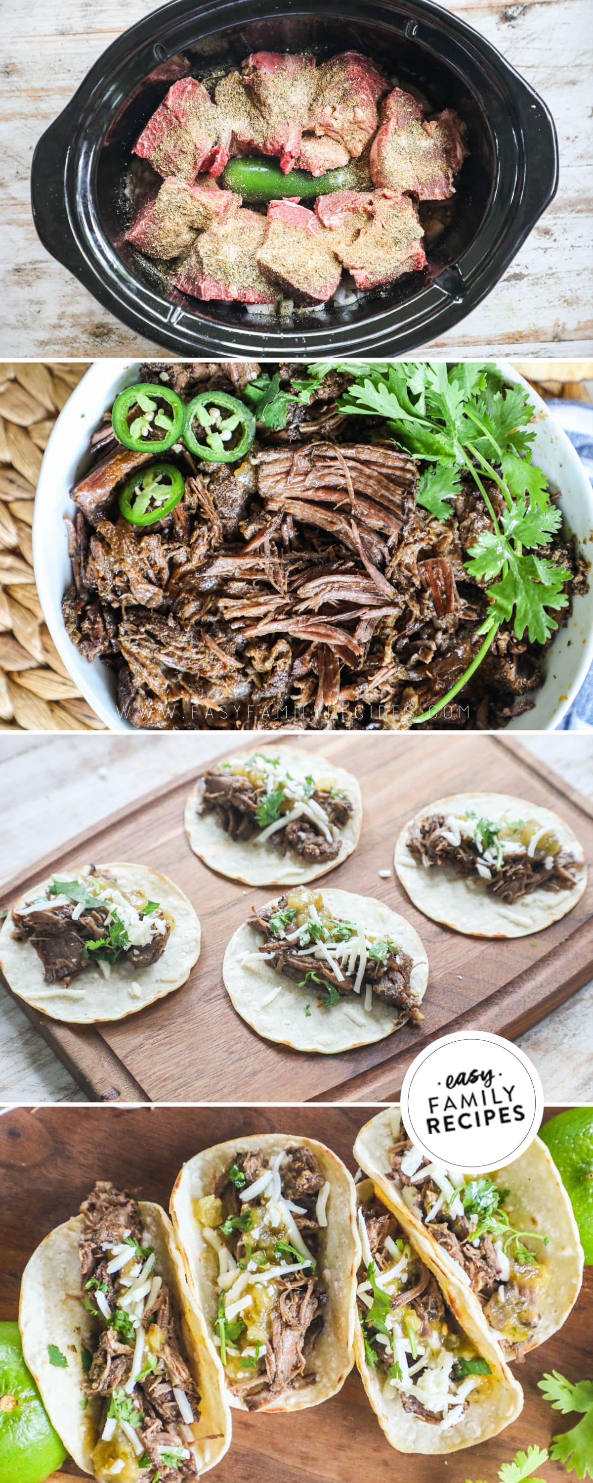 Steps to make slow cooker beef tacos step 1 make the barbacoa beef step 2 heat up the leftover beef step 3 top the heated tortillas step 4 enjoy with toppings.