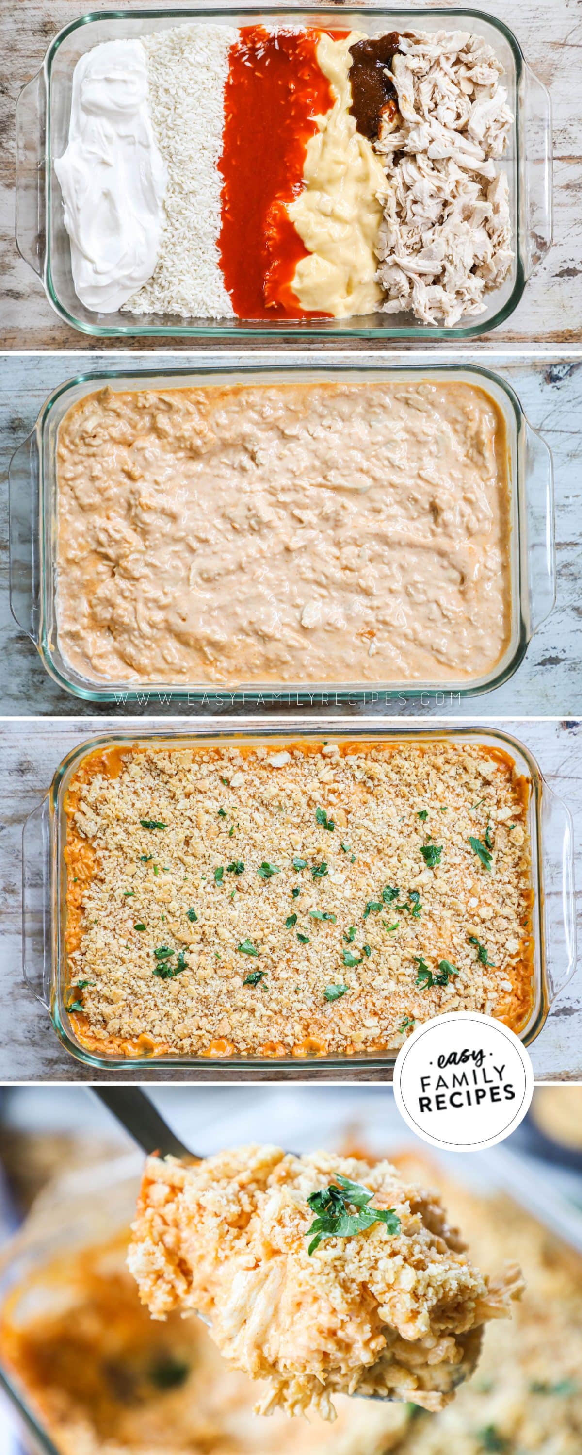 Process photos for how to make buffalo chicken casserole 1. Combine chicken, buffalo sauce, cream of chicken soup, chicken base, rice, sour cream. 2. Mix and spread in a casserole dish. 3. Cover with crushed crackers. 4. Serve hot!