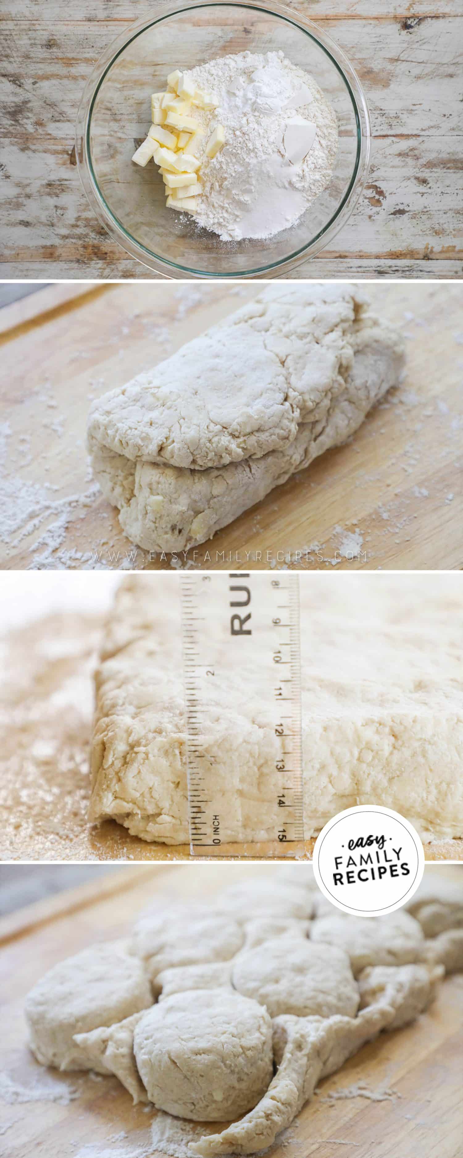 4 image collage making tall buttermilk biscuits: 1- cold butter and flour in bowl, 2- dough pressed and folded into thirds, 3- a ruler showing the dough is about an inch high, 4- biscuit dough cut into circles.