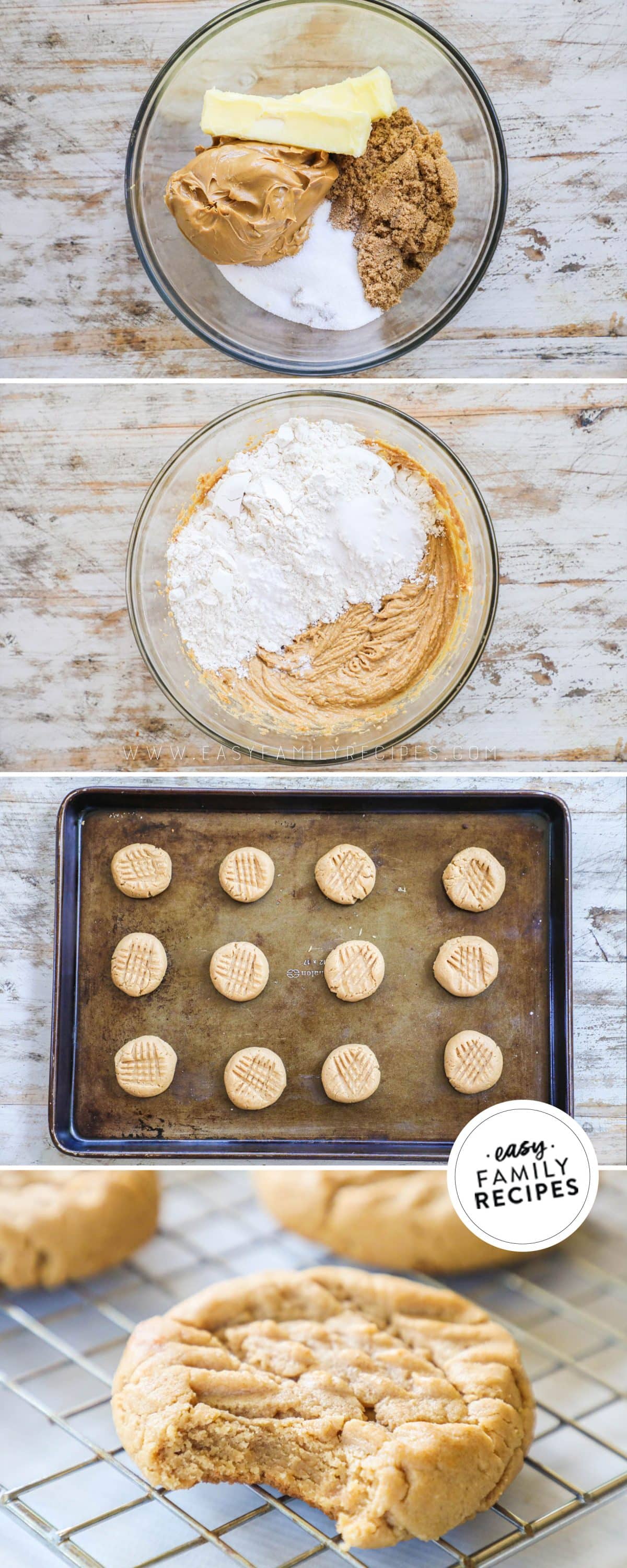 4 image verticle collage of process shot preparing peanut butter cookie dough: 1 butter, peanut butter, white sugar, and brown sugar in a bowl, 2 butters and sugars creamed together with flour on top, 3 baked cookies on baking sheet, and 4 cookies on wire rack with bite taken out of one.