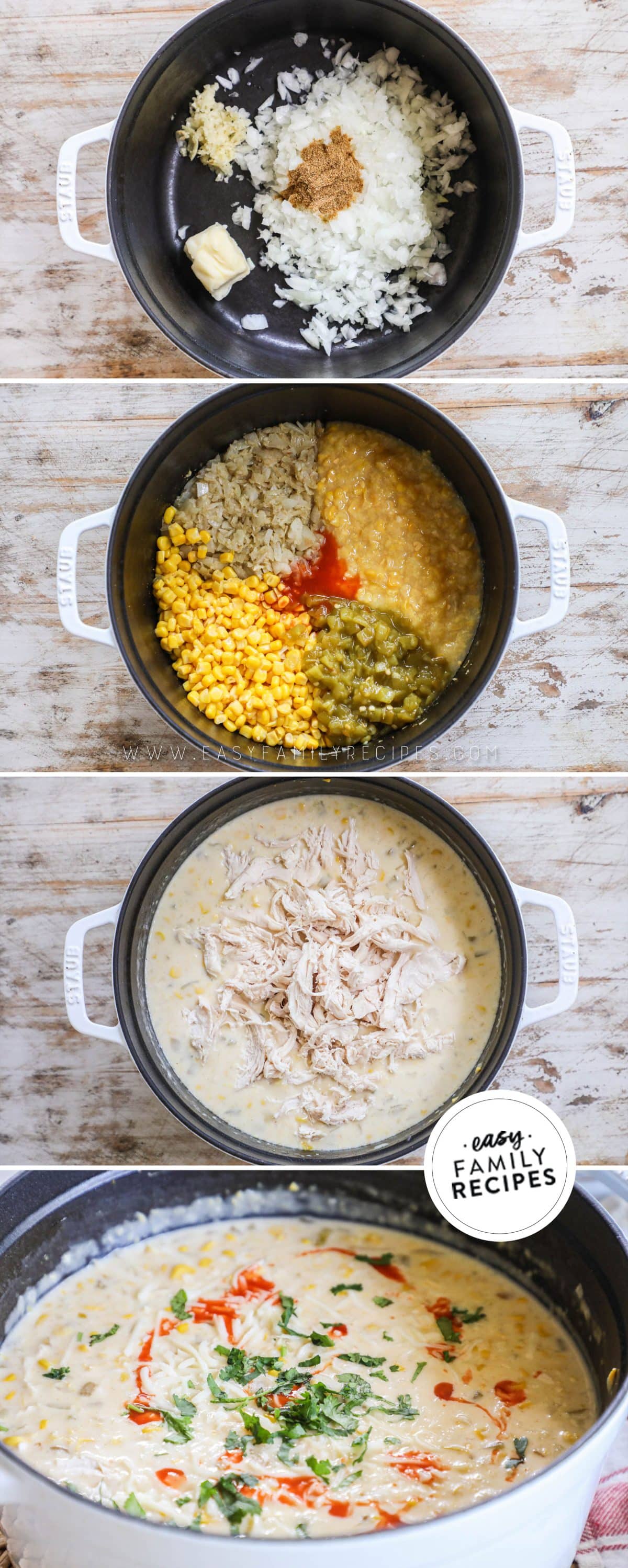 process photos for how to make green chili chicken corn chowder 1. sauté onion and garlic in butter, 2. add corn, cheese, green chiles, and hot sauce, 3. add chicken, half-and-half, and broth, 4. garnish and serve