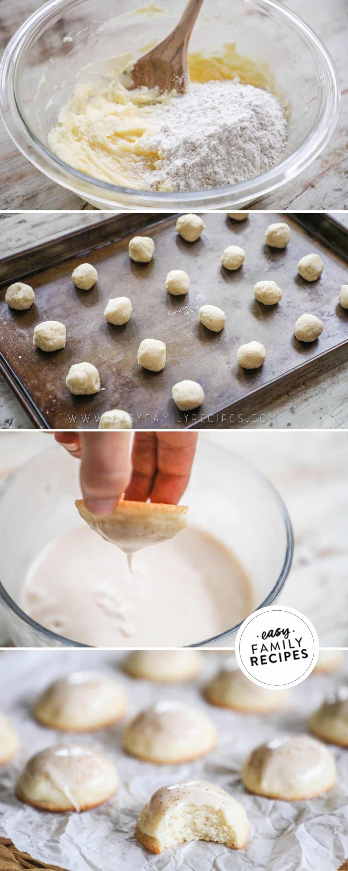 Steps to make the cookies step 1 mix the dough ingredients step 2 roll into balls and bake step 3 make the glaze and dip the cookies in it step 4 enjoy!