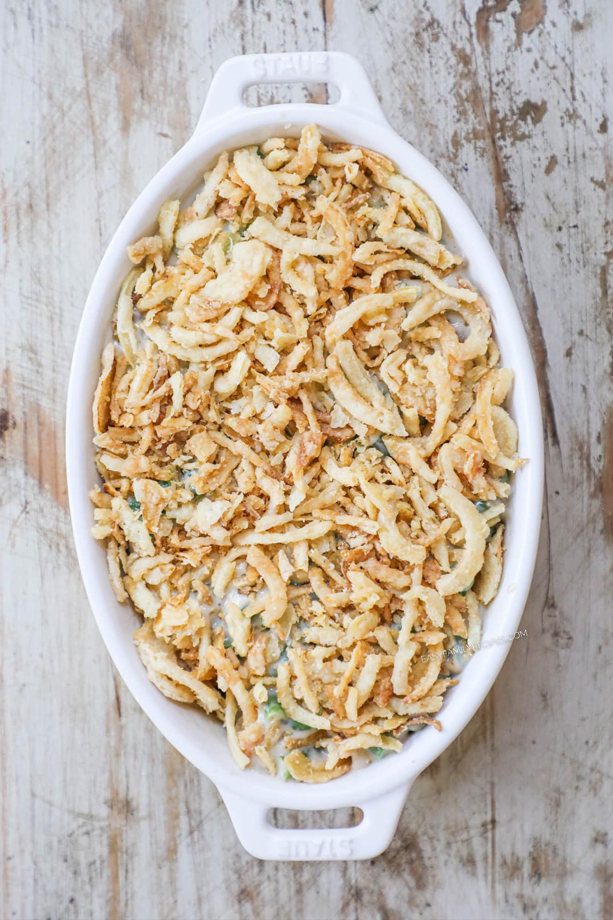 step 3 - top green bean casserole with fried onions