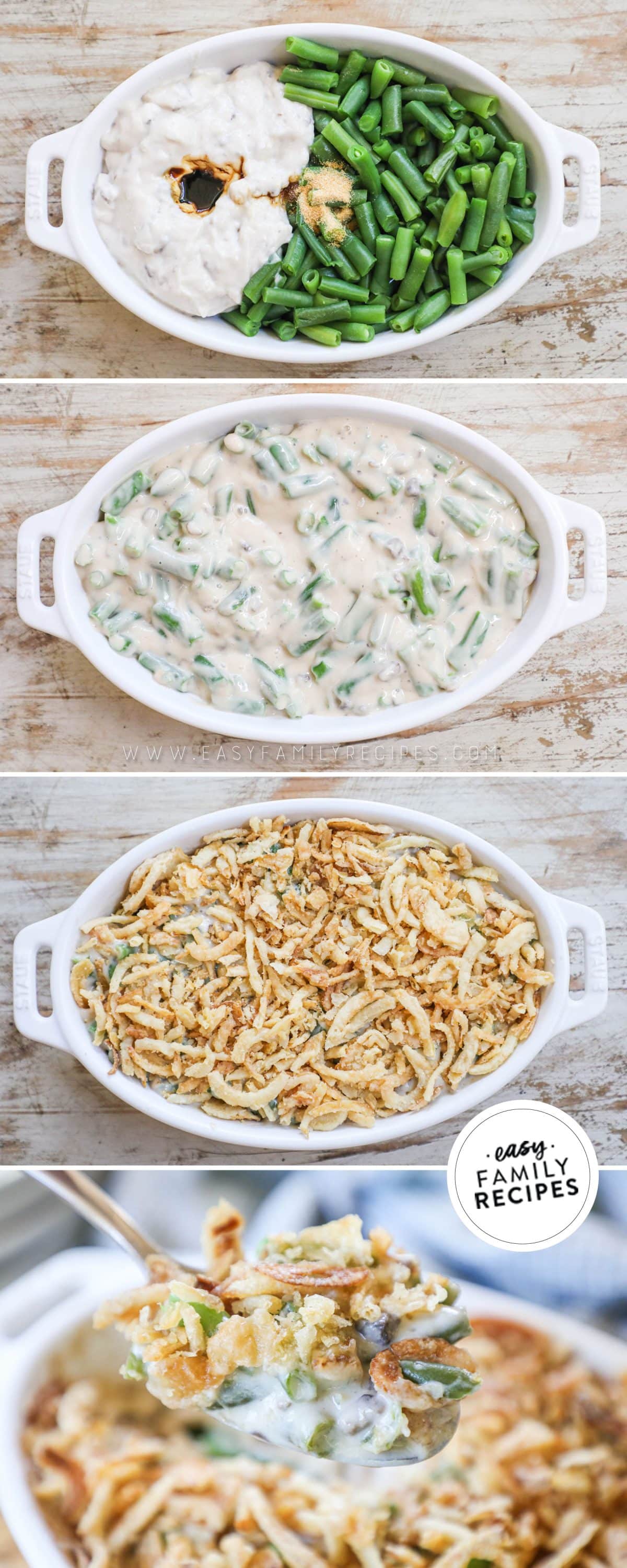 how to make green bean casserole 1)combine ingredients 2)mix together 3)top with onions 4)bake and serve.