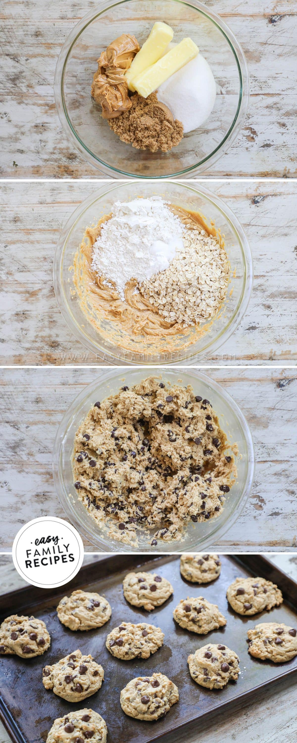 Steps to make peanut butter oatmeal chocolate chip cookies by adding ingredients to one bowl, mixing in flour and oats, after cookie batter is combined and the finished baked cookies on a wire rack with one split open.