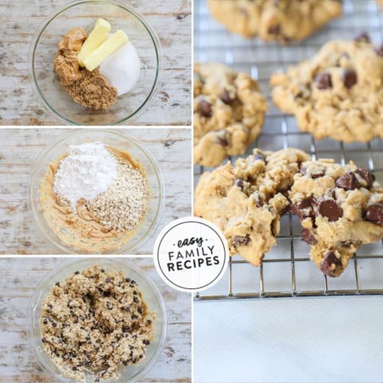 Steps to make peanut butter oatmeal chocolate chip cookies by adding ingredients to one bowl, mixing in flour and oats, after cookie batter is combined and the finished baked cookies on a wire rack with one split open.