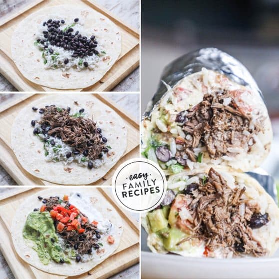 Step by step to make barbacoa burritos step 1 heat the tortilla and fill with rice and black beans step 2 add the heated meat step 3 add any other toppings you like step 4 wrap and enjoy!