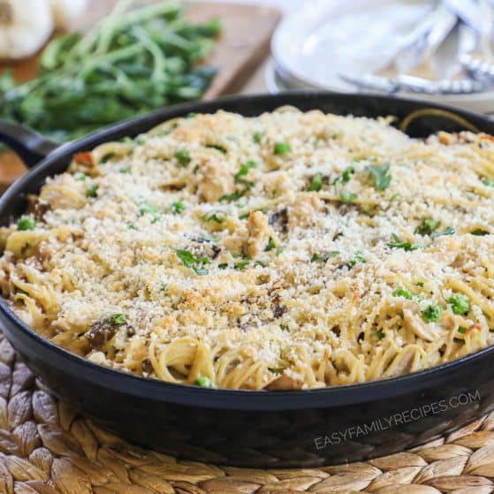 a large pan of homemade chicken tetrazzini topped with breadcrumbs and baked.