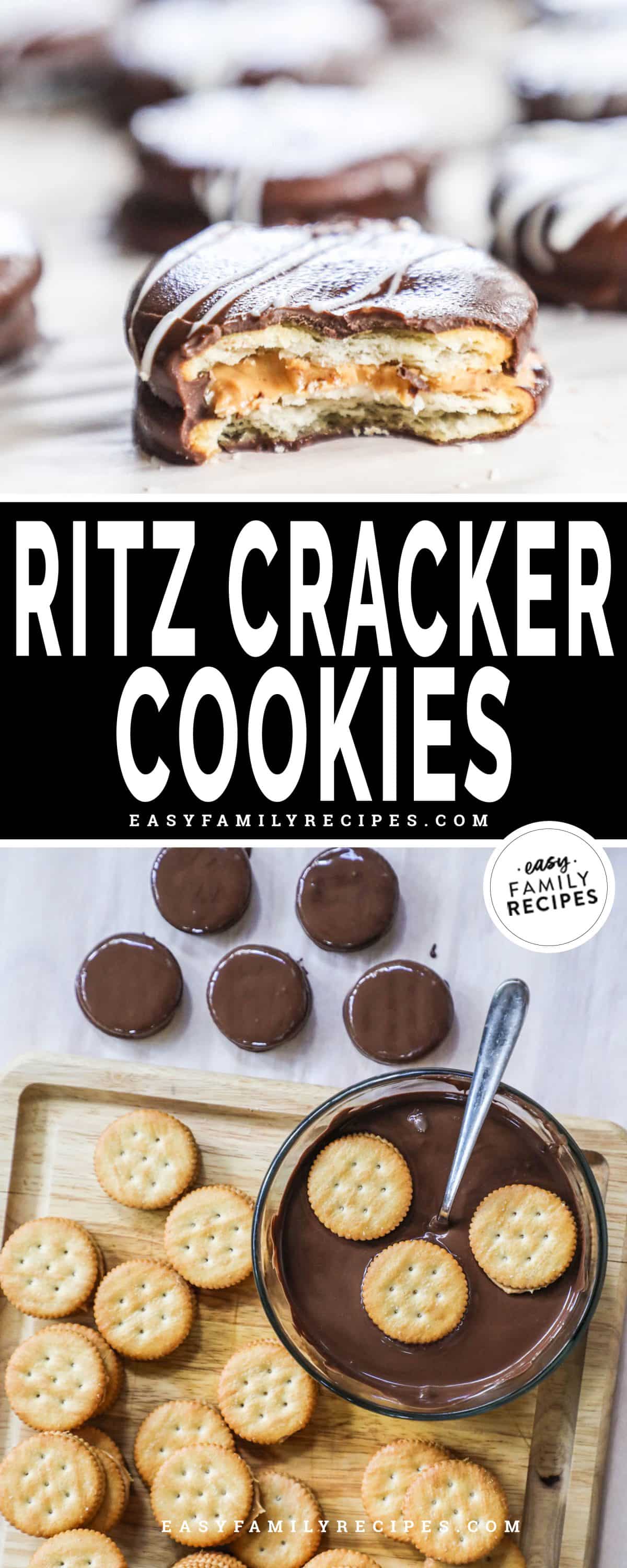 Image collage with ritz crackers filled with peanut butter being dipped in chocolate and another one with a bite taken out to show the layers.