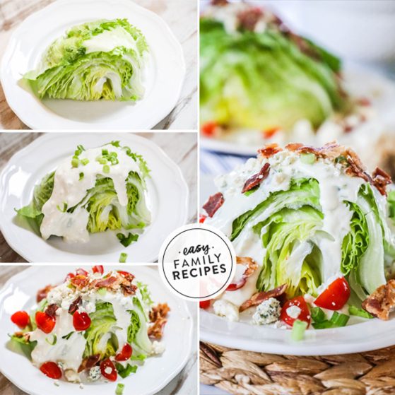 4 image squash collage of making recipe: 1- quartered iceberg lettuce wedge on a plate, 2- dressing added on top, 3- cherry tomatoes, bacon, and blue cheese crumbles added, 4- finished wedge salad being served.