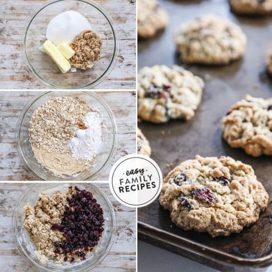 Steps to make cranberry oatmeal cookies step 1 cream together butter and sugar step then add other wet ingredients step 2 mix together dry ingredients step 3 combine wet and dry ingredients and fold in cranberries step 4 bake and enjoy!