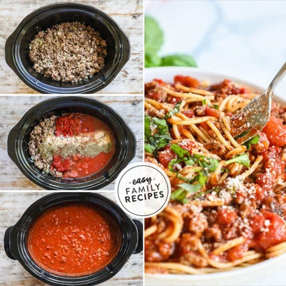 4 image square collage making sauce in crockpot: 1- cooked ground meat in slow cooker, 2- tomatoes, sauce, and seasonings added, 3- sauce after cooked, and 4- close up of sauce mixed with spaghetti noodles and a fork spinning some sauce and noodle onto it.