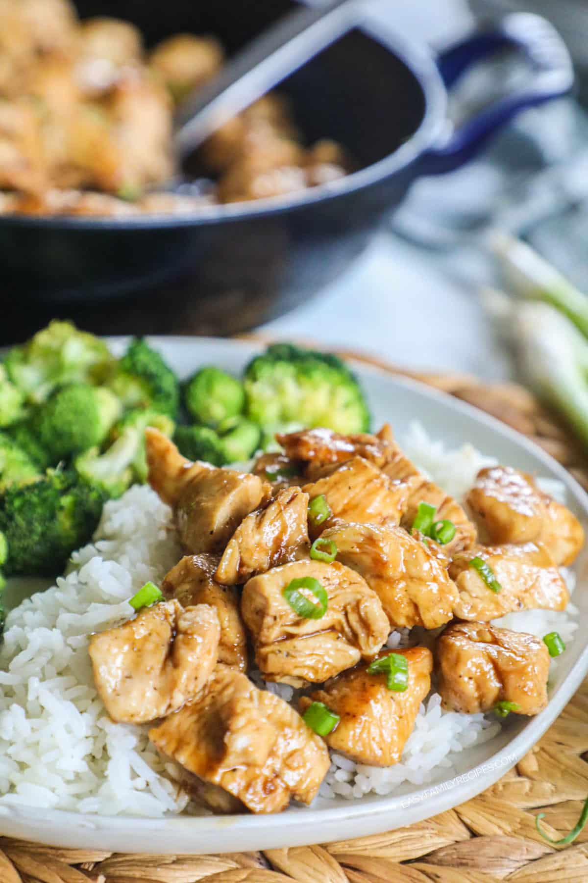 Teriyaki Chicken chicken bites served with rice and broccoli.