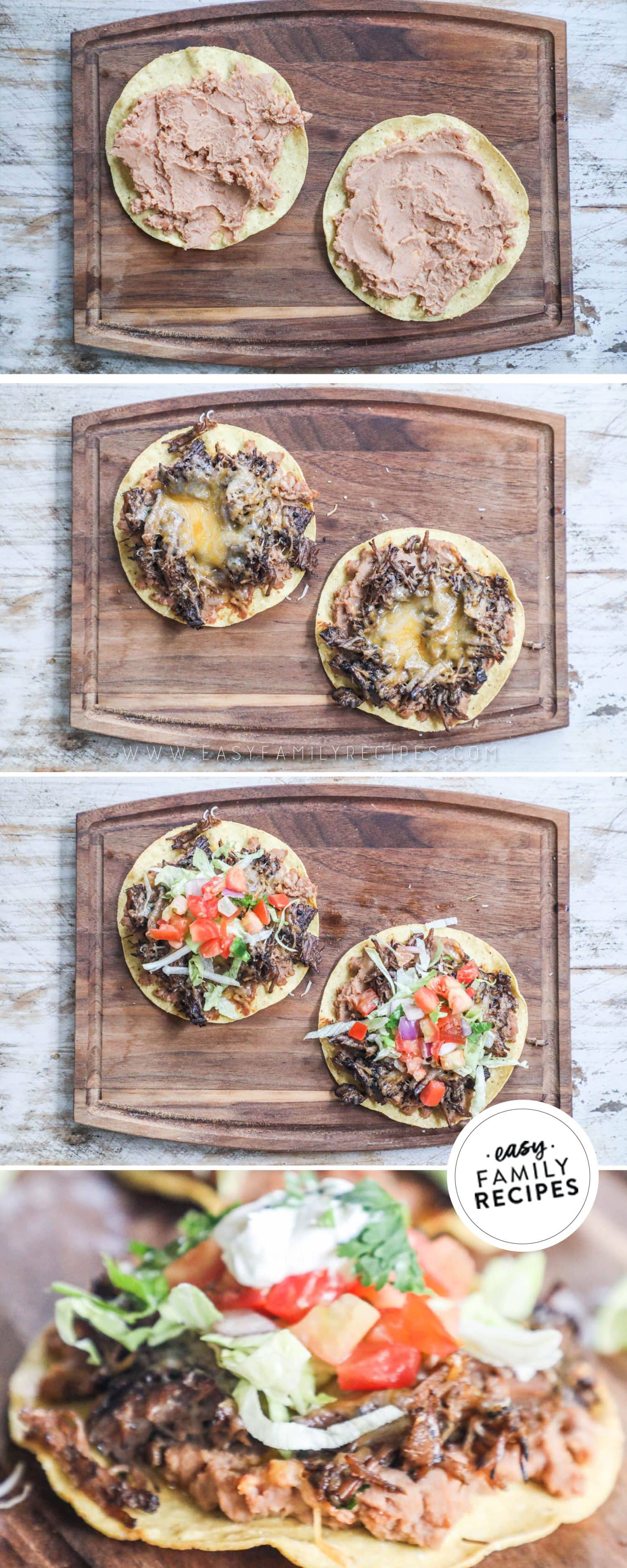 how to make barbacoa tostadas 1)spread refried on a tostada shell 2)add beef and cheese 3)bake and add toppings 4)serve.