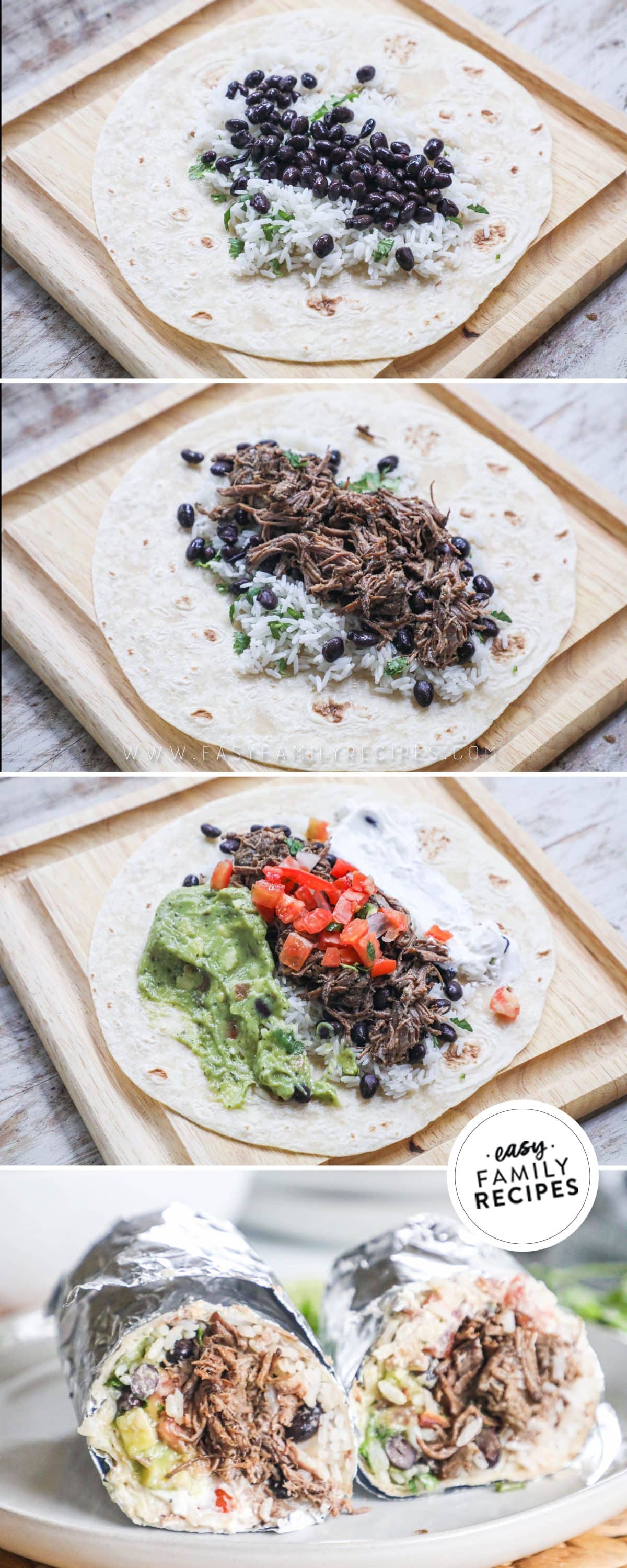 Step by step to make barbacoa burritos step 1 heat the tortilla and fill with rice and black beans step 2 add the heated meat step 3 add any other toppings you like step 4 wrap and enjoy!