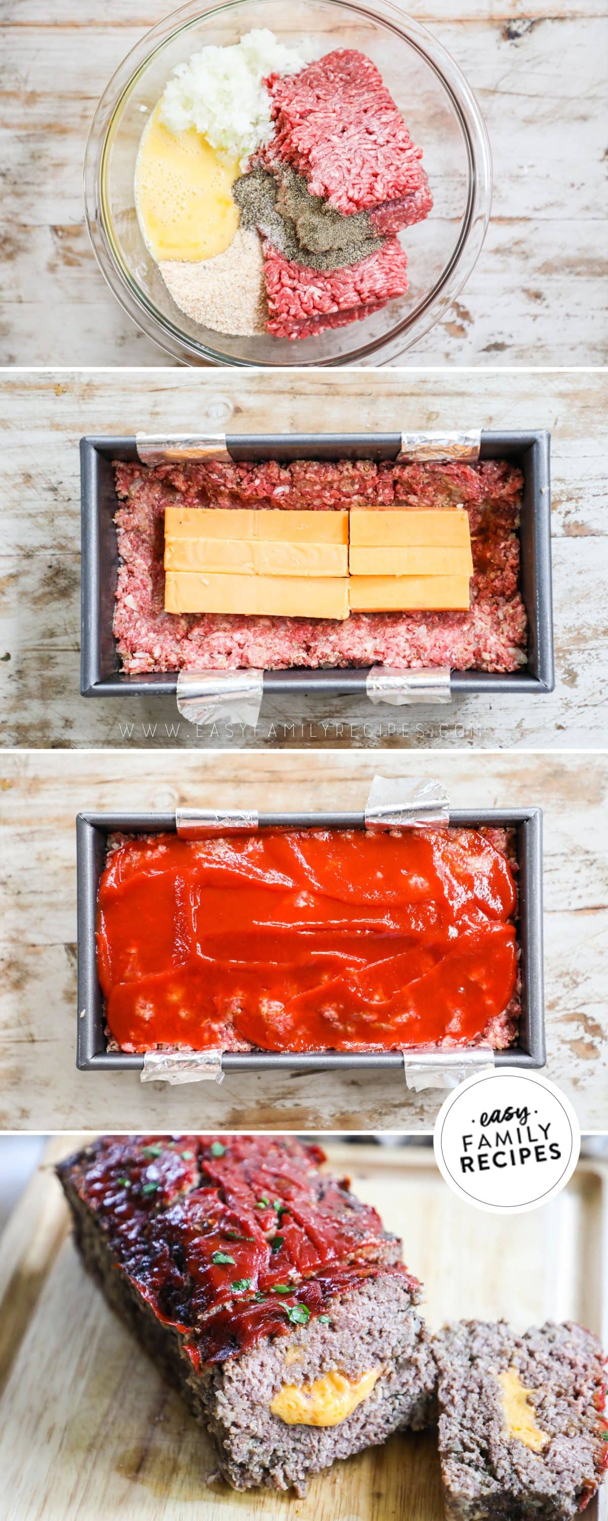 how to make cheeseburger meatloaf 1)mix beef 2)stuff with cheese 3)seal and glaze 4)bake and serve.