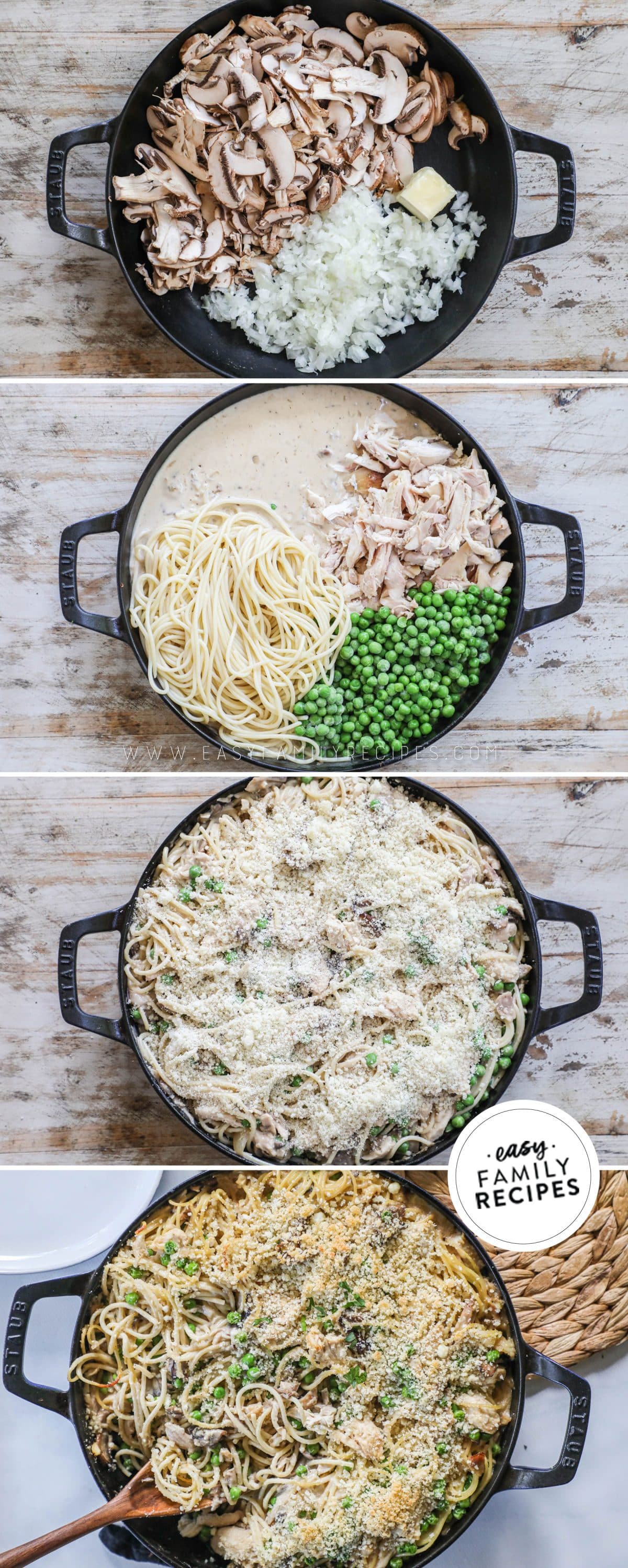 how to make chicken tetrazzini 1)saute mushrooms and onions 2)make sauce and add chicken, peas, and pasta 3)top with breadcrumbs 4)bake.