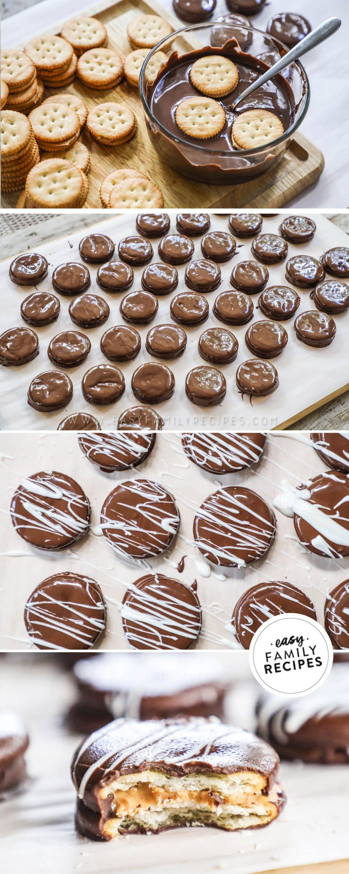 Steps to make ritz crackers covered in chocolate step 1 fill crackers with peanut butter step 2 dip in chocolate step 3 top with festive decorations step 4 let harden and enjoy!