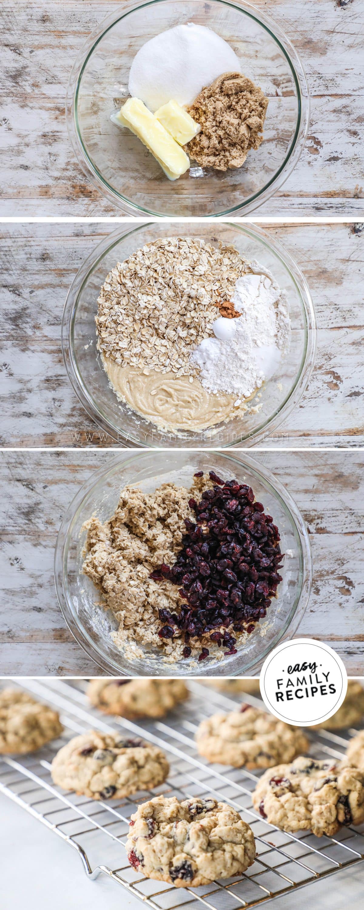 Steps to make cranberry oatmeal cookies step 1 cream together butter and sugar step then add other wet ingredients step 2 mix together dry ingredients step 3 combine wet and dry ingredients and fold in cranberries step 4 bake and enjoy!