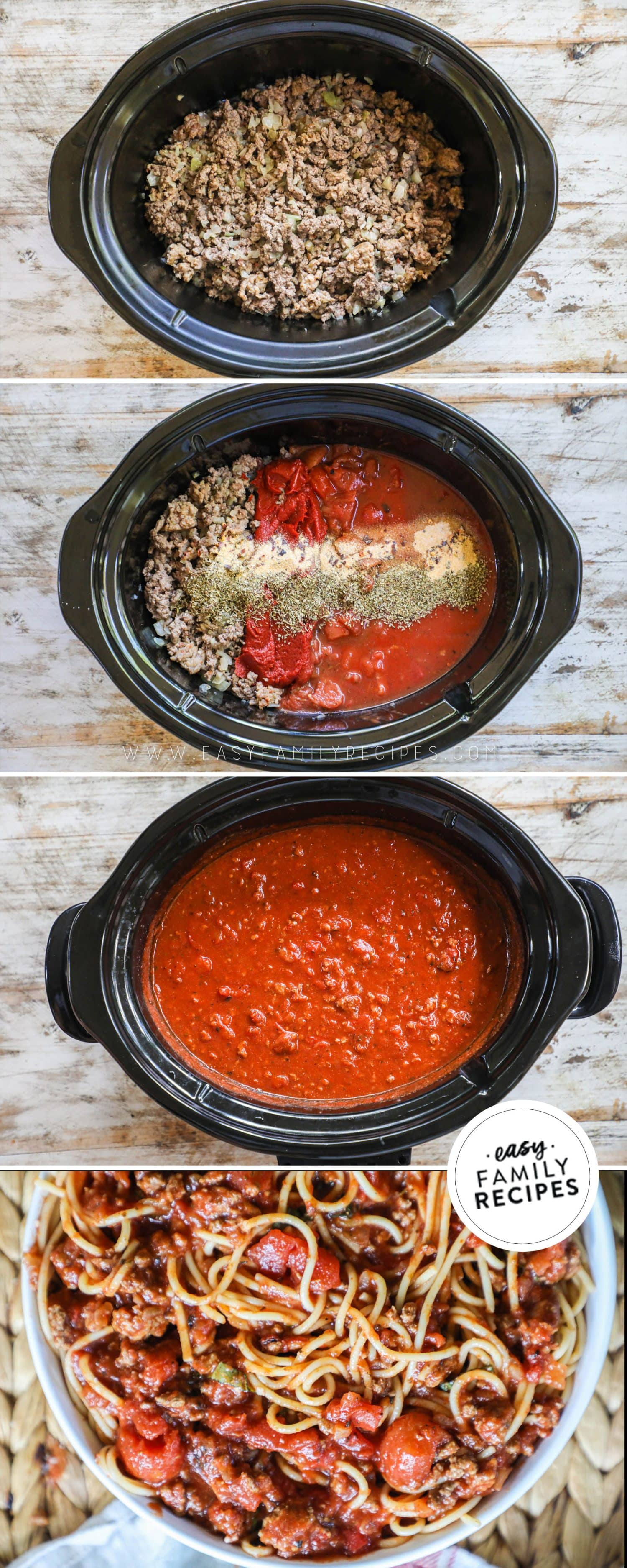 4 image vertical collage making sauce in crockpot: 1- cooked ground meat in slow cooker, 2- tomatoes, sauce, and seasonings added, 3- sauce after cooked, and 4- close up of sauce mixed with spaghetti noodles and a fork spinning some sauce and noodle onto it.