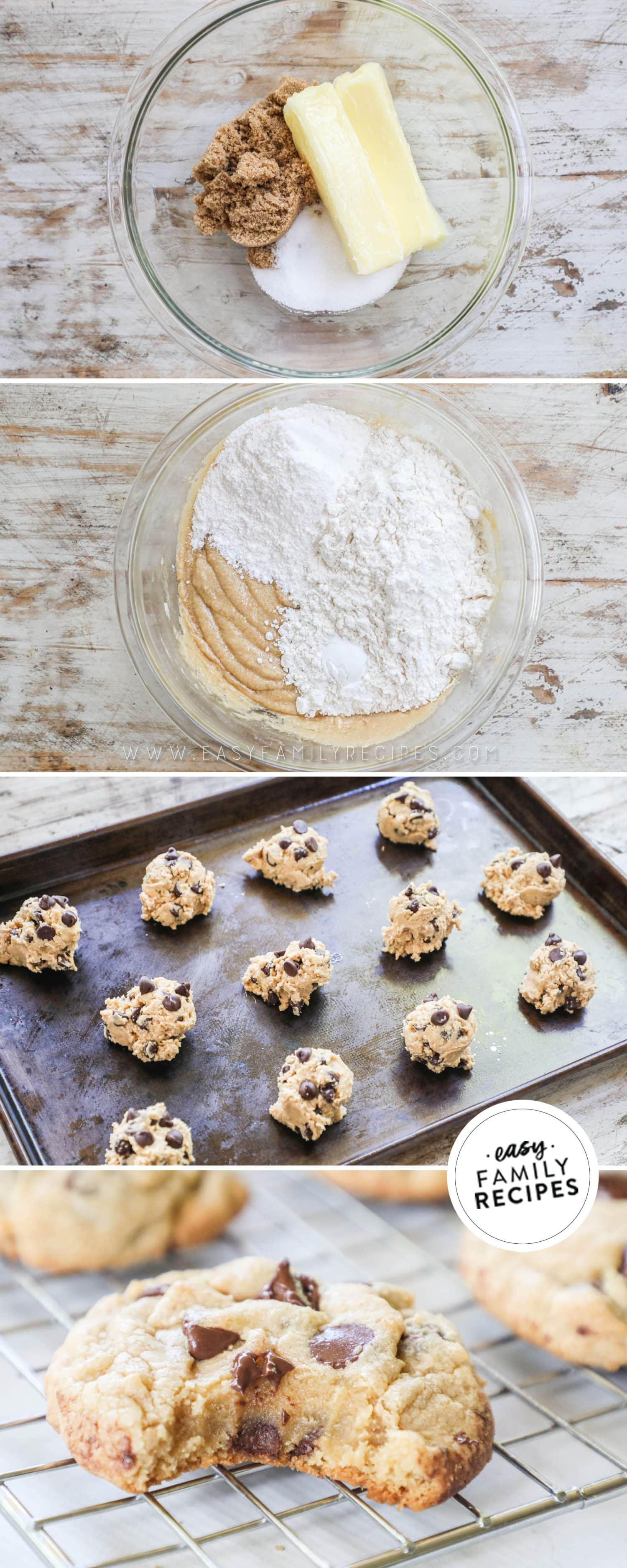 4 image vertical collage making recipe: 1- sugars and butter in bowl before mixed, 2- flour added to creamed butter, 4- baked on a wire rack.