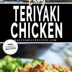Image collage with a close up of teriyaki chicken on a spoon and some on a plate with rice and broccoli.