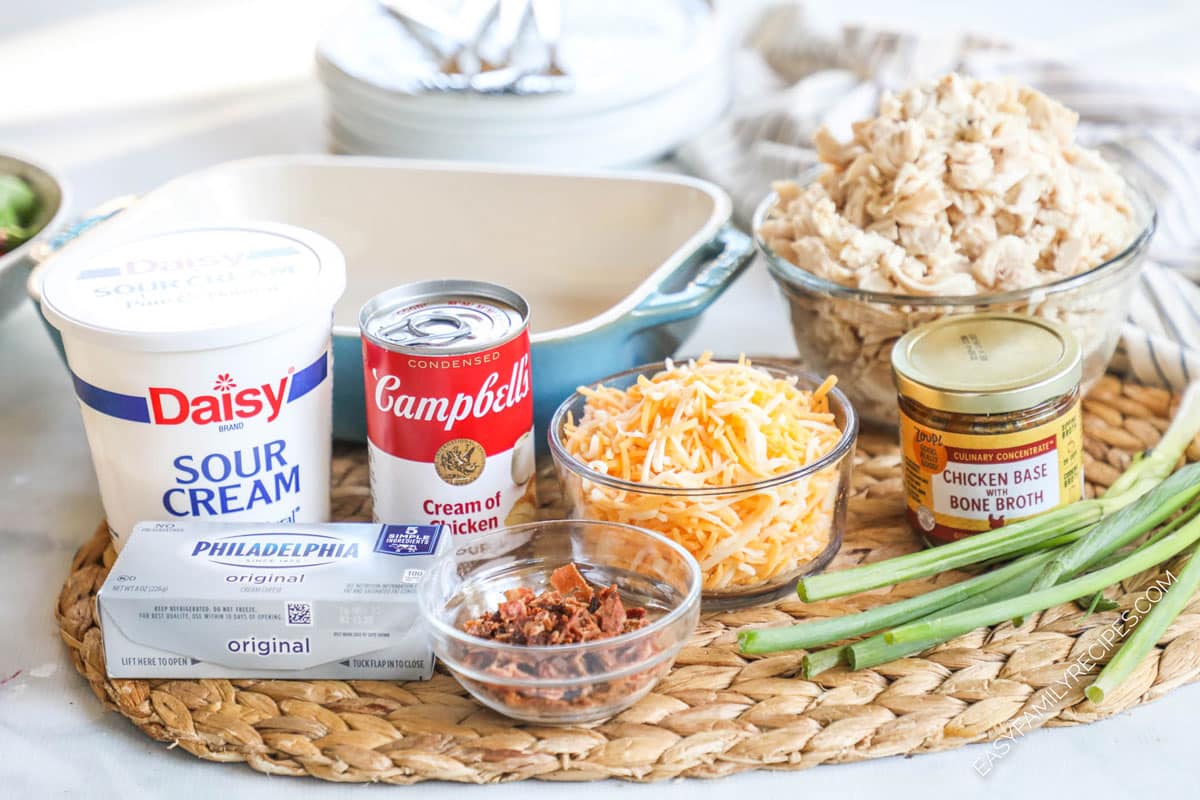 Ingredients for recipe before prepped: tub of sour cream, can of cream of chicken soup, block of cream cheese, crumbled bacon, shredded cheese, cooked chicken, chicken base, and green onions.