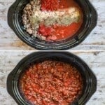 4 image vertical collage making sauce in crockpot: 1- cooked ground meat in slow cooker, 2- tomatoes, sauce, and seasonings added, 3- sauce after cooked, and 4- close up of sauce mixed with spaghetti noodles and a fork spinning some sauce and noodle onto it.