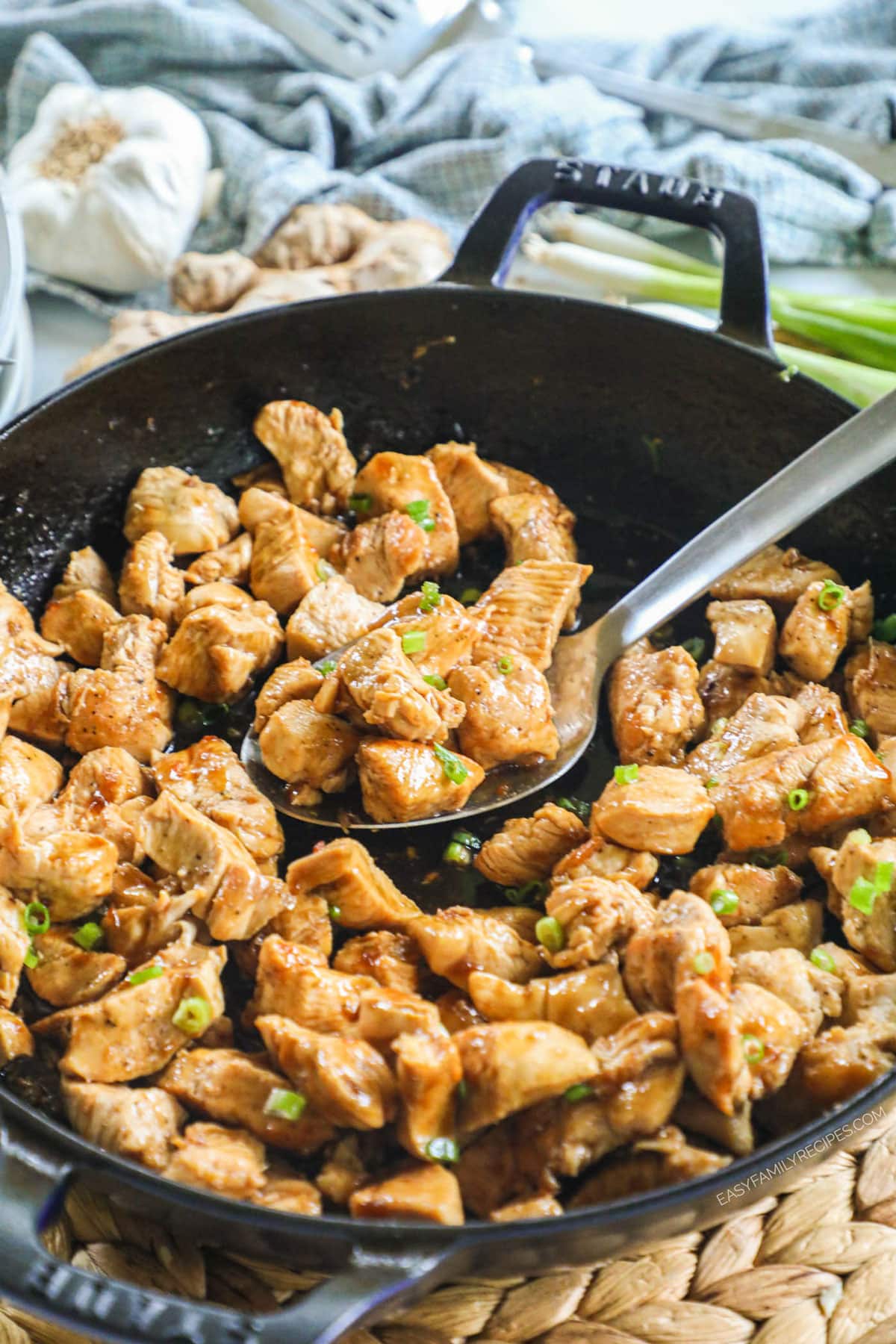 Teriyaki chicken bites in a pan
