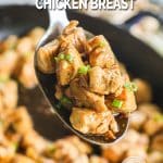 Teriyaki chicken on a spoon being scooped out of a skillet.