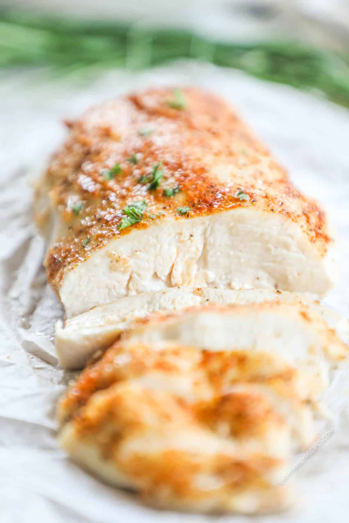 close up of sliced baked chicken breast