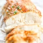 close up of sliced baked chicken breast