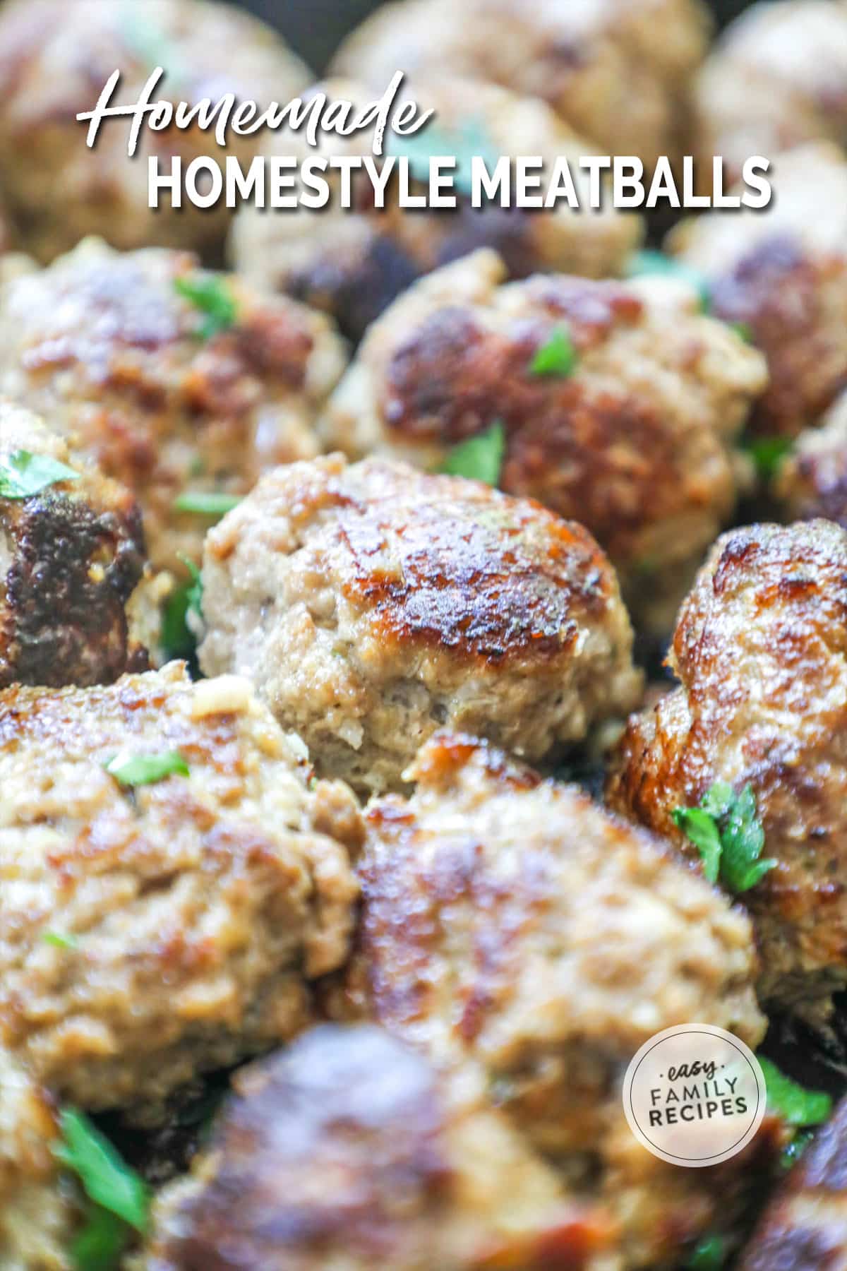 Image collage with one photo of the homestyle meatballs in a skillet on the stove. The other image is of meatballs on a platter after they have come out of the oven. The meatball is cut open to show the juicy inside.