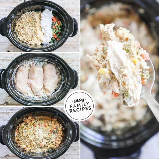 2 image collage of slow cooker chicken and stuffing recipe showing a dish of ingredients before mixed and then the shredded chicken and stuffing mixture after it has cooked for 3-4 hours.