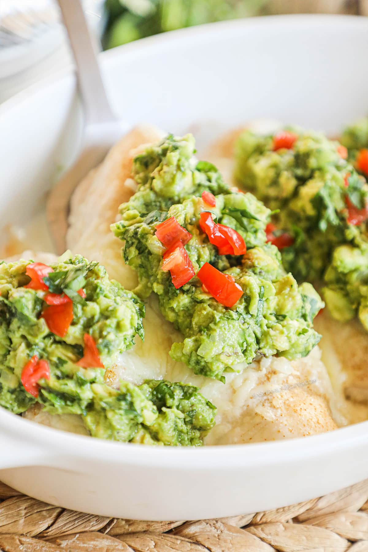 Easy Guacamole Chicken Breast in casserole dish.