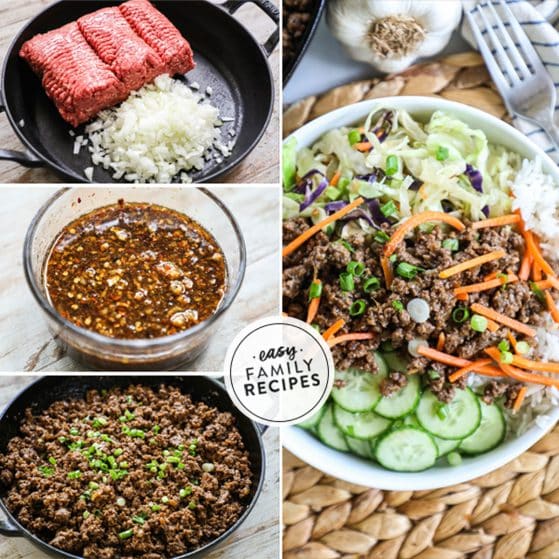 Steps to make korean beef bowls step 1 brown the beef with onions step 2 make the sauce step 3 mix beef and sauce step 4 enjoy over rice!