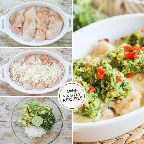 Steps make guacamole chicken step 1 lay chicken in pan step 2 top with cheese and bake step 3 make the guacamole step 4 top the baked chicken with guacamole and enjoy!
