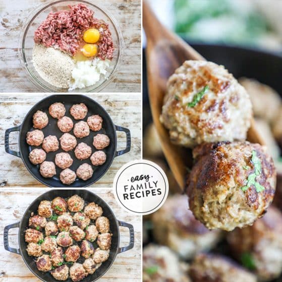 Image collage with one photo of the homestyle meatballs in a skillet on the stove. The other image is of meatballs on a platter after they have come out of the oven. The meatball is cut open to show the juicy inside.