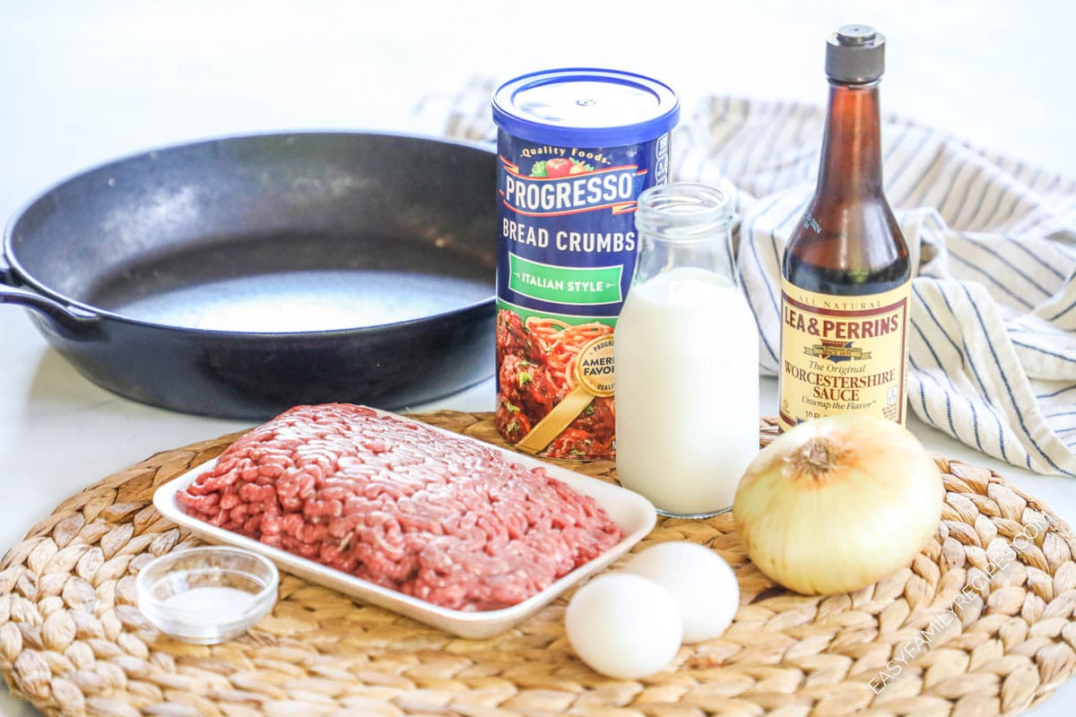 Image collage with one photo of the homestyle meatballs in a skillet on the stove. The other image is of meatballs on a platter after they have come out of the oven. The meatball is cut open to show the juicy inside.