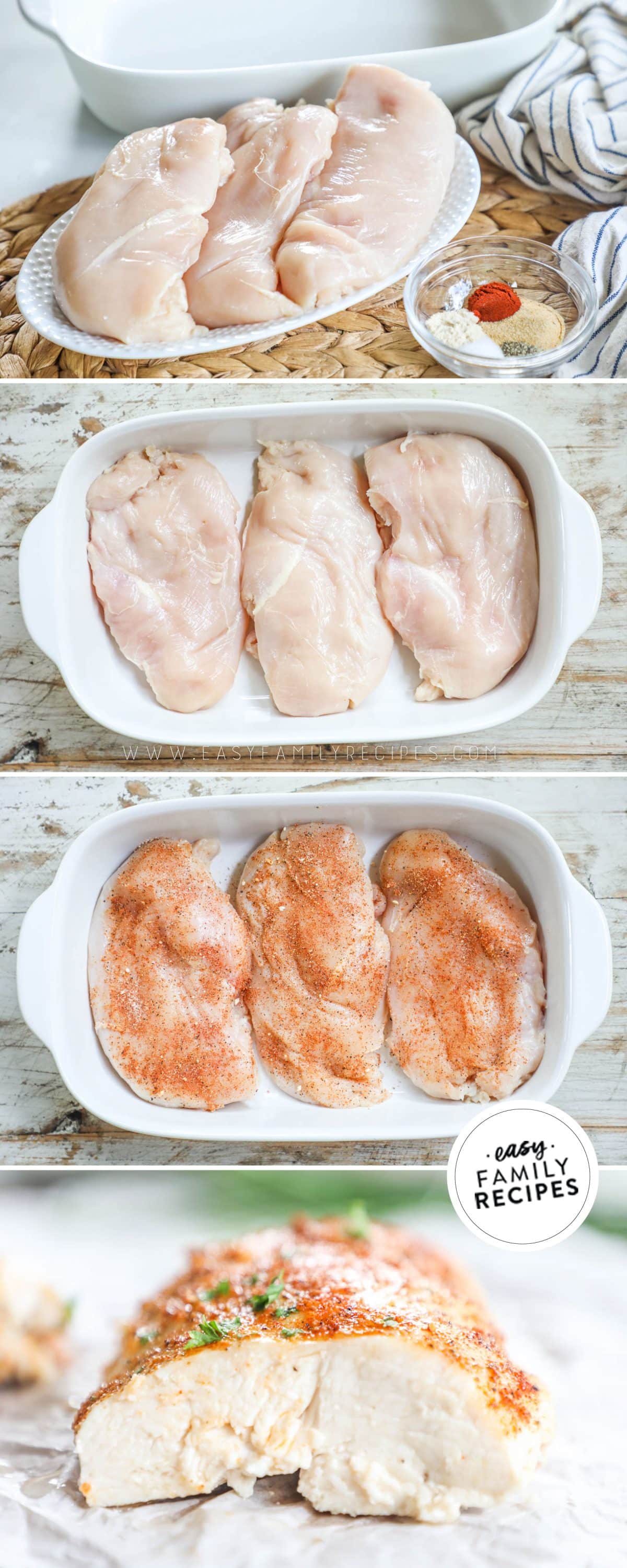 Photo collage for how to make baked chicken breasts 1. Gather ingredients for baked chicken. 2. Place chicken breast in baking dish. 3. season chicken 4. Bake chicken