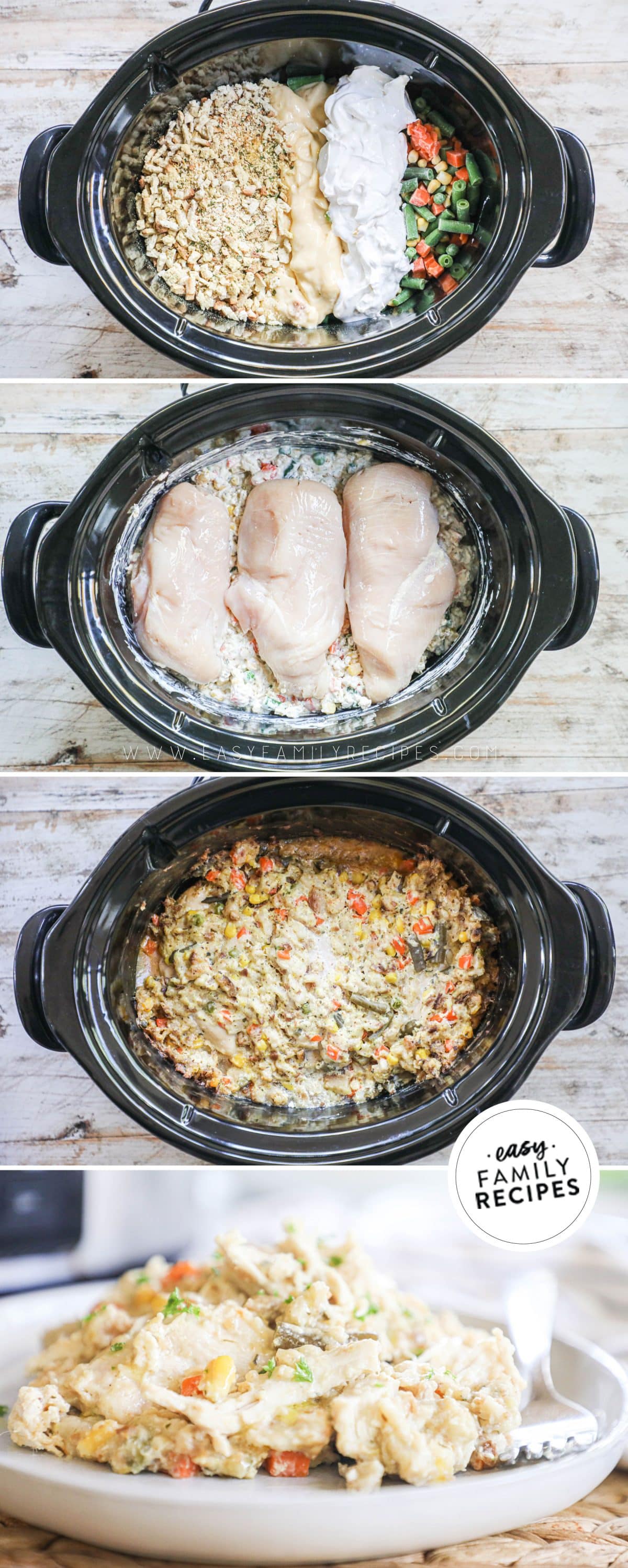 2 image collage of slow cooker chicken and stuffing recipe showing a dish of ingredients before mixed and then the shredded chicken and stuffing mixture after it has cooked for 3-4 hours. 