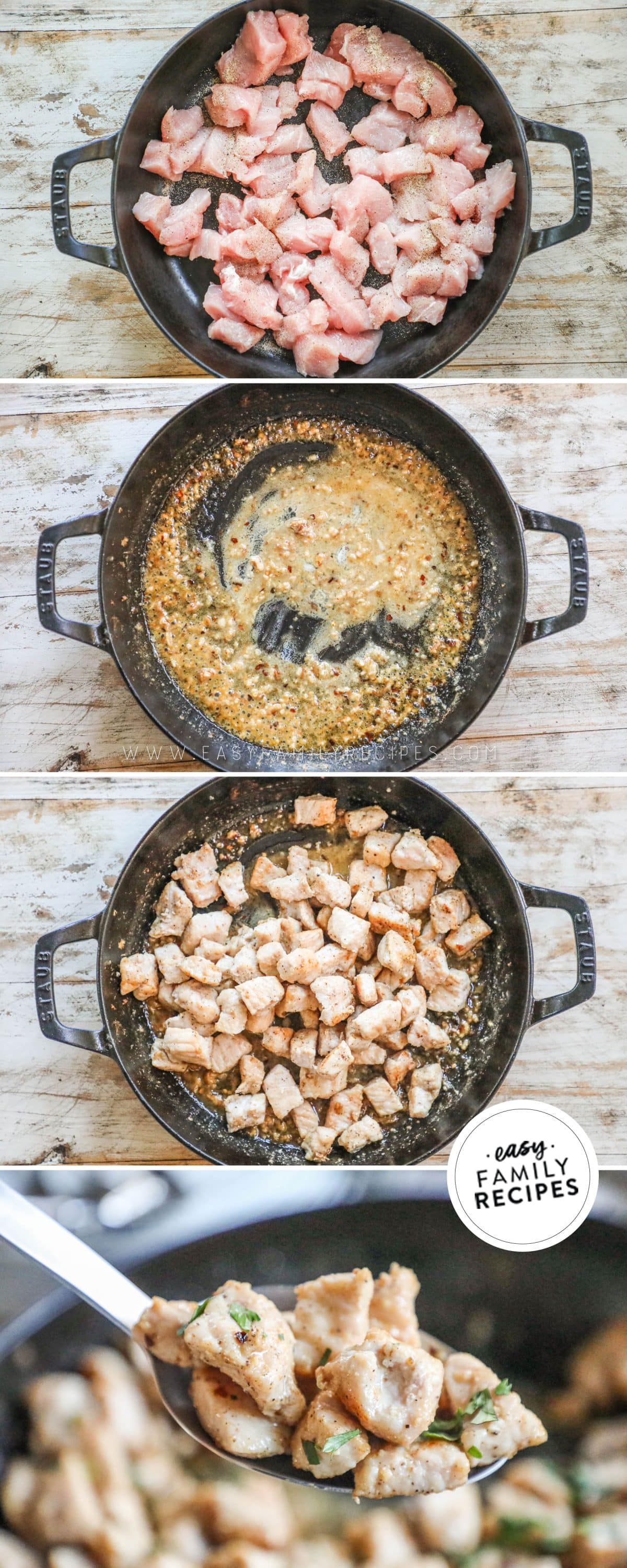 how to cook garlic pork bites 1)cook pork 2)make garlic butter 3)toss to coat 4)serve.