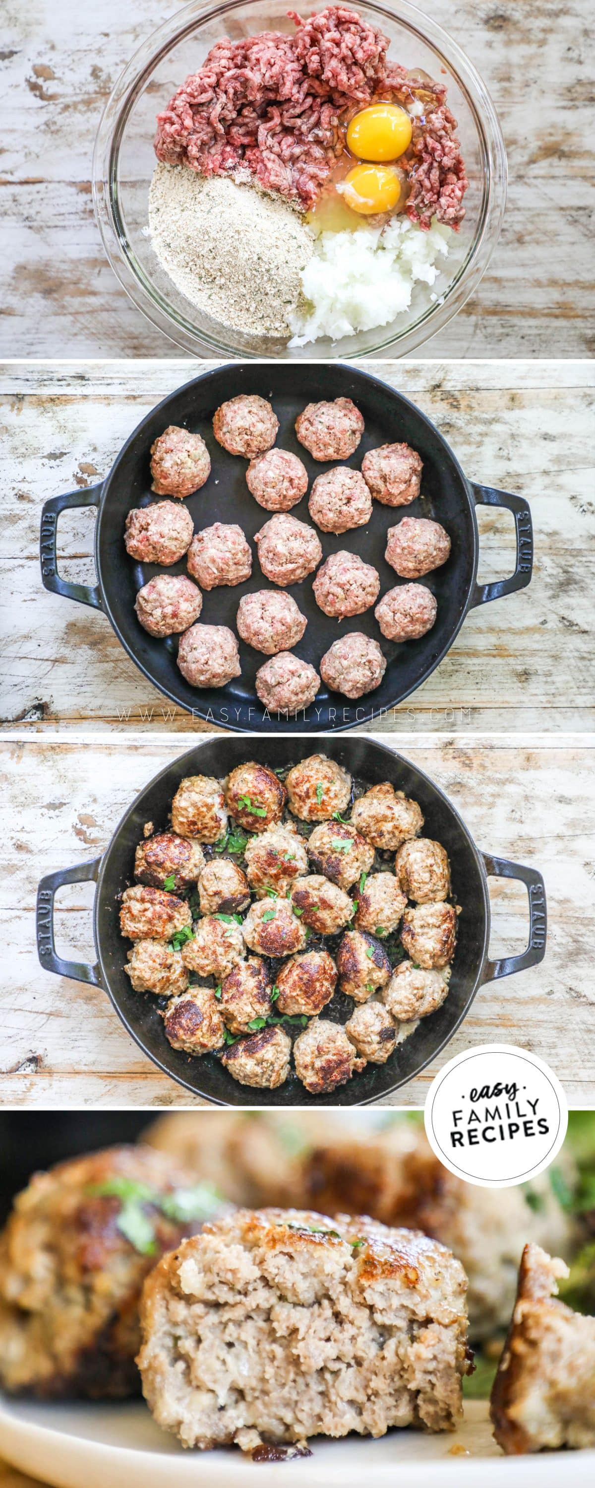 Image collage with one photo of the homestyle meatballs in a skillet on the stove. The other image is of meatballs on a platter after they have come out of the oven. The meatball is cut open to show the juicy inside.