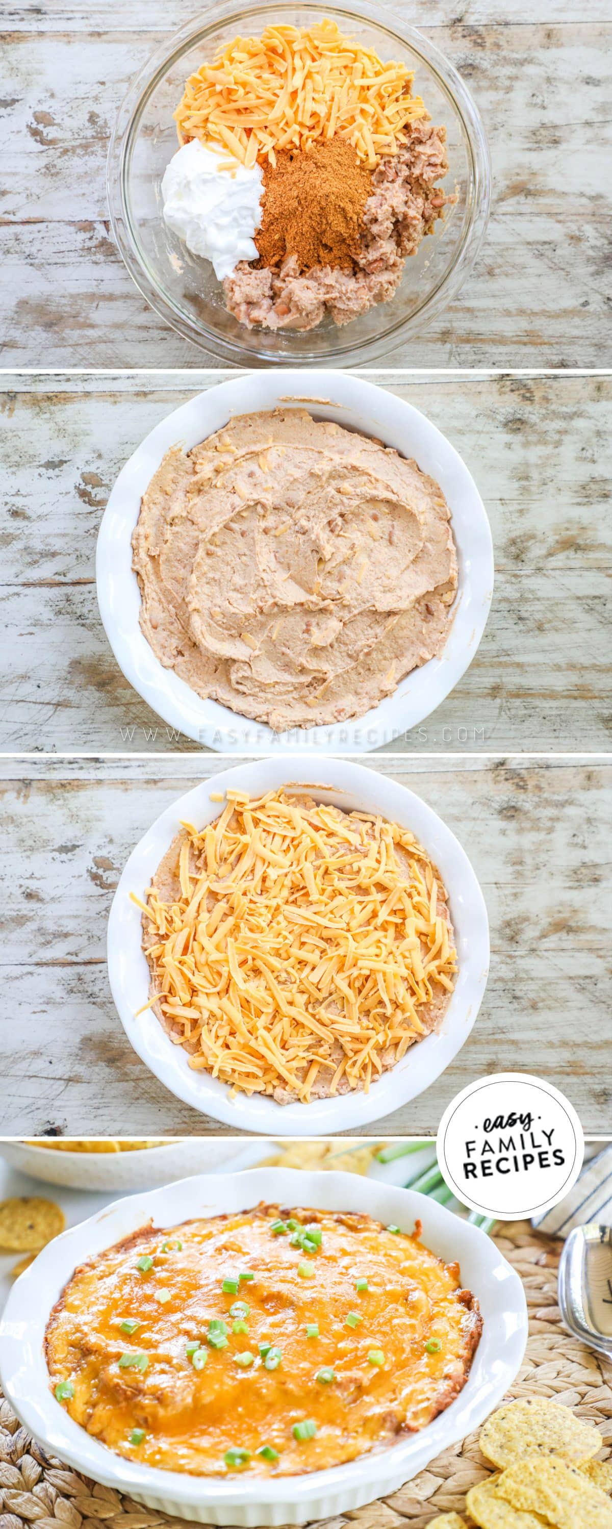Steps to make bean dip step 1 mix everything except half of the cheese in a bowl step 2 put in casserole dish step 3 top with remaining cheese step 4 bake and enjoy!