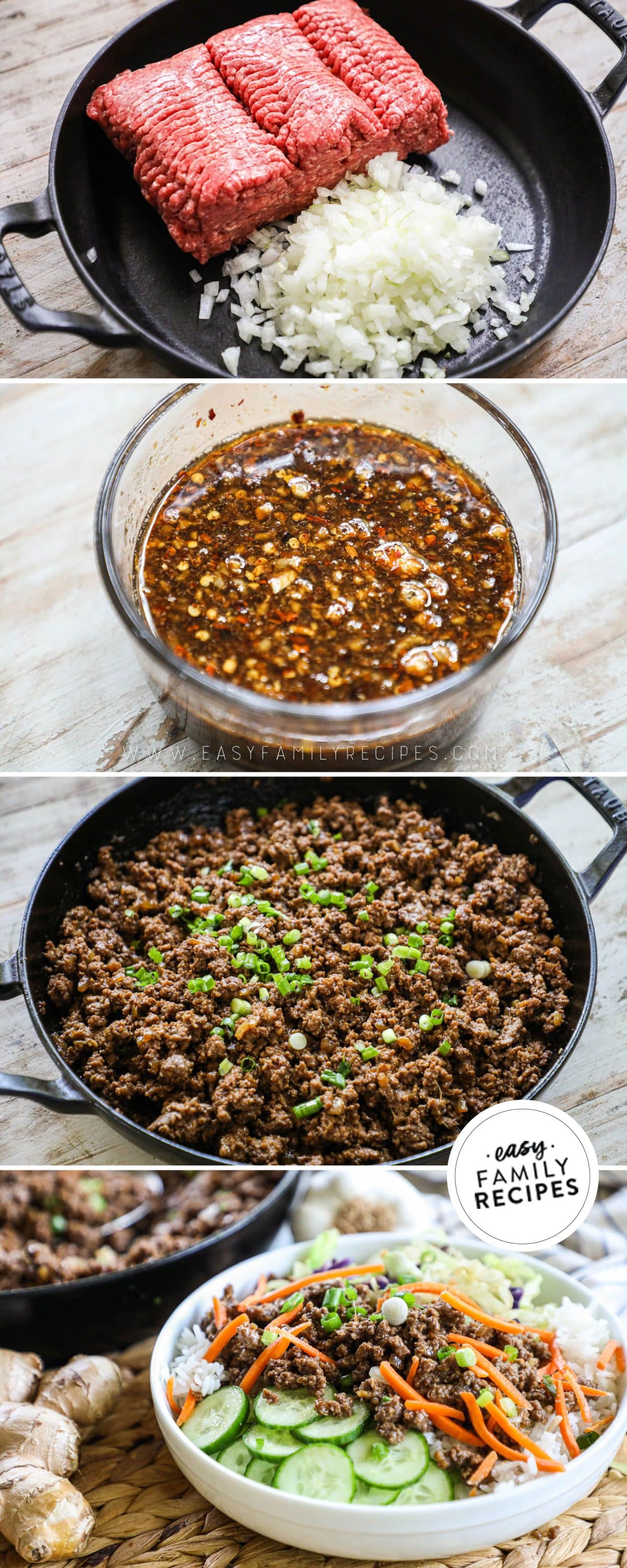 Steps to make korean beef bowls step 1 brown the beef with onions step 2 make the sauce step 3 mix beef and sauce step 4 enjoy over rice!